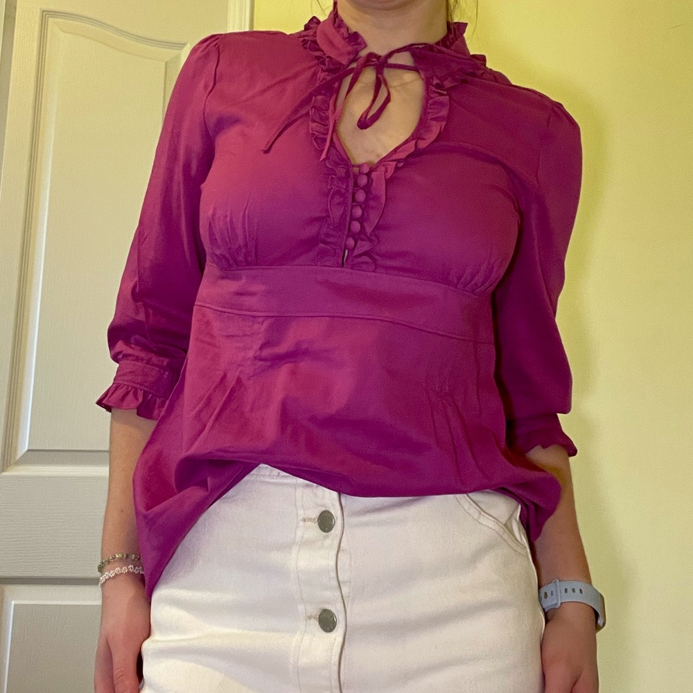 NWT Vintage-Inspired Magenta Ruffle Blouse | Axcess | Size 8 100% cotton